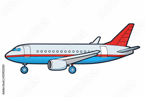 Cartoon airplane side view red tail blue body white background