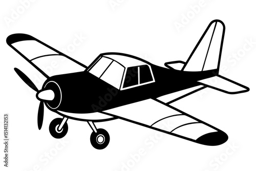 Classic single engine airplane black and white illustration