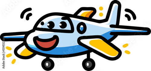 Happy cartoon airplane taking off blue yellow wings