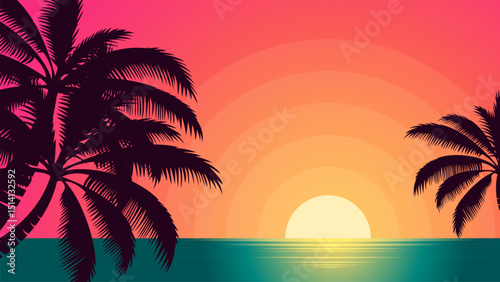 Sunset on beach background vector, summer banner with beautiful tropical summer evening at lagoon landscape