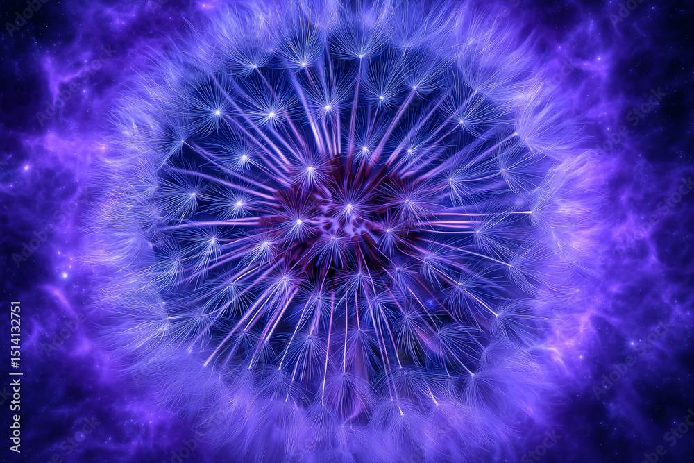 Fototapeta premium Close-up of digitally rendered dandelion seed head in glowing purple and blue neon light over cosmic background