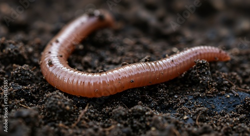 Close-up macro shot of a common earthworm, Lumbricus species, crawling on rich dark fertile soil. Annelid worm in its natural garden habitat, vital for soil health and composting. photo