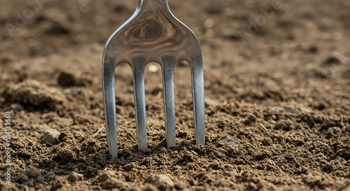 Close-up of a silver metal fork tines stuck upright in dry, brown garden soil. Agricultural concept of preparing the earth for planting or cultivation.