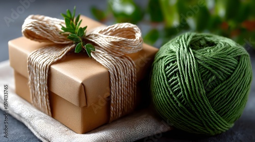 A gift box tied with natural twine sits next to a ball of green yarn, evoking a sense of homespun charm and creative gift-giving.