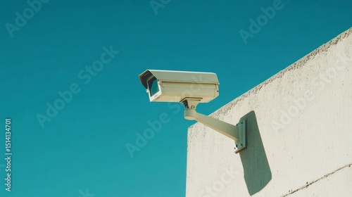 Close-up of a white CCTV camera mounted on a concrete wall with blue sky background