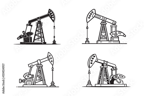 Set of Oil Field Pump Jack Isolated Machinery Representing Petroleum Industry on White Background