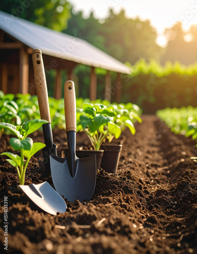 Gardening tools in a vegetable garden isolated on transparent background