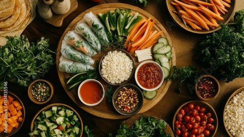 Wallpaper Mural Top view of a rice paper roll platter with sauces, herbs, and vegetables Torontodigital.ca