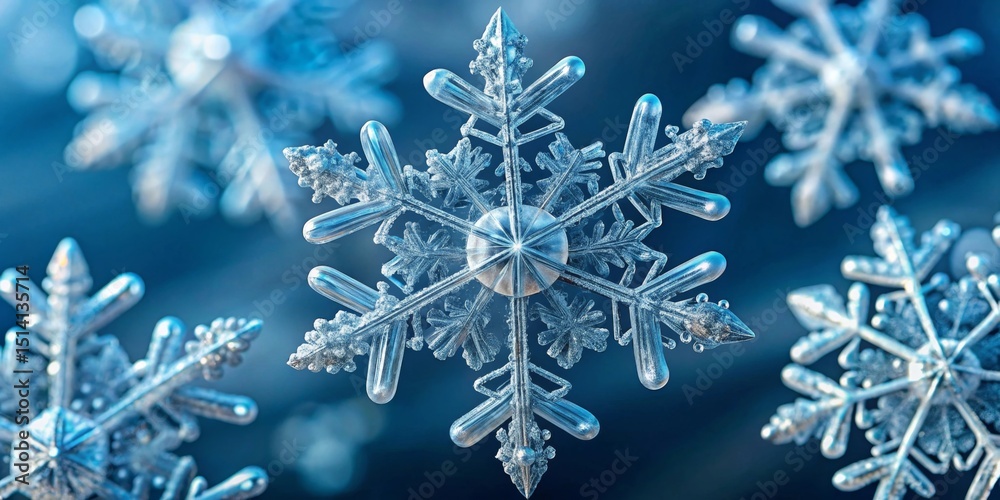 Intricate crystalline structure of a frozen water crystal, showcasing its unique six-pointed symmetry and delicate details against a soft-focus blue backdrop with other similar ice crystals Intricate crystalline structure of a frozen water crystal, showcasing its unique six-pointed symmetry and delicate details against a soft-focus blue backdrop with other similar ice crystals