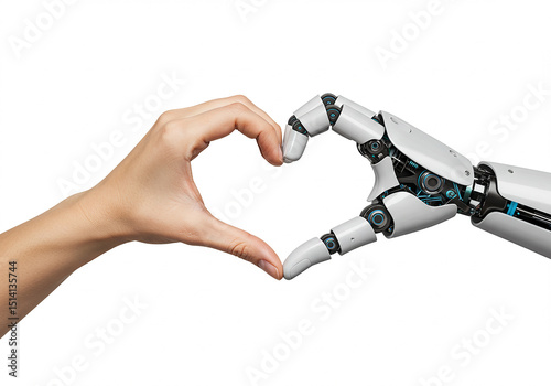 Human and robot hands making heart shape isolated on transparent background