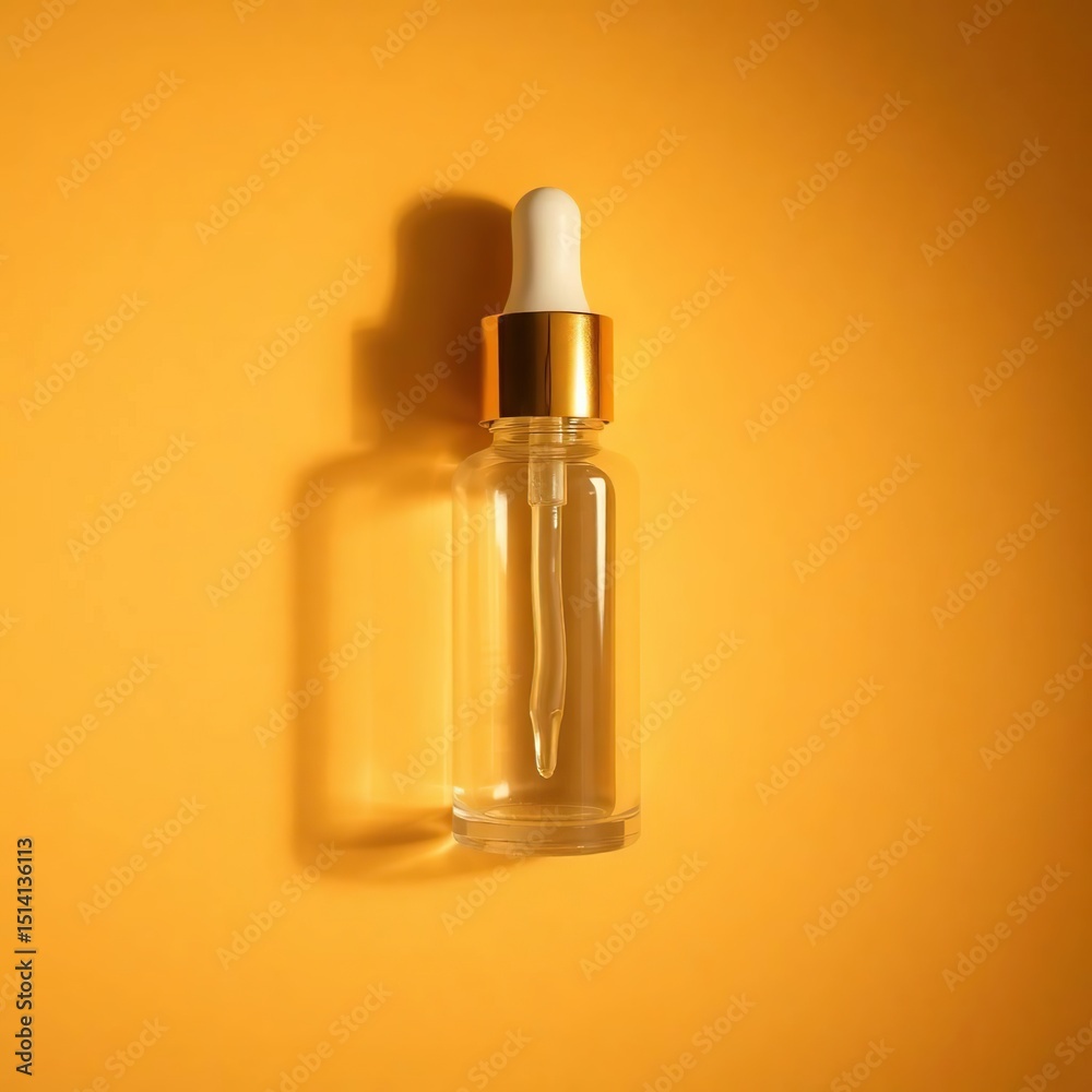 Naklejka premium Overhead View Transparent Dropper Bottle with Golden Cap, Dramatic Lighting