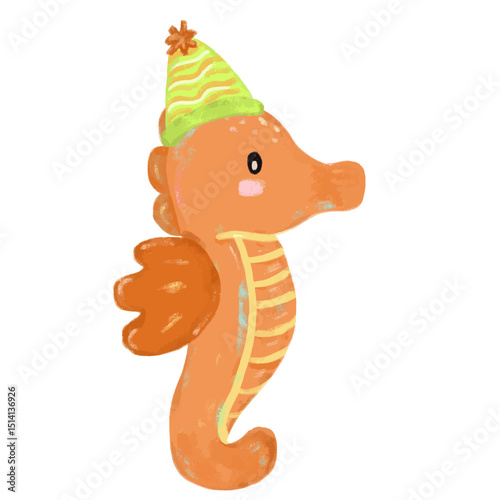 Cute hand drawn orange seahorse pastel color wearing green neon birthday party hat doodle sea ocean beach animals illustration kids summer season celebration clipart crayon watercolour sticker