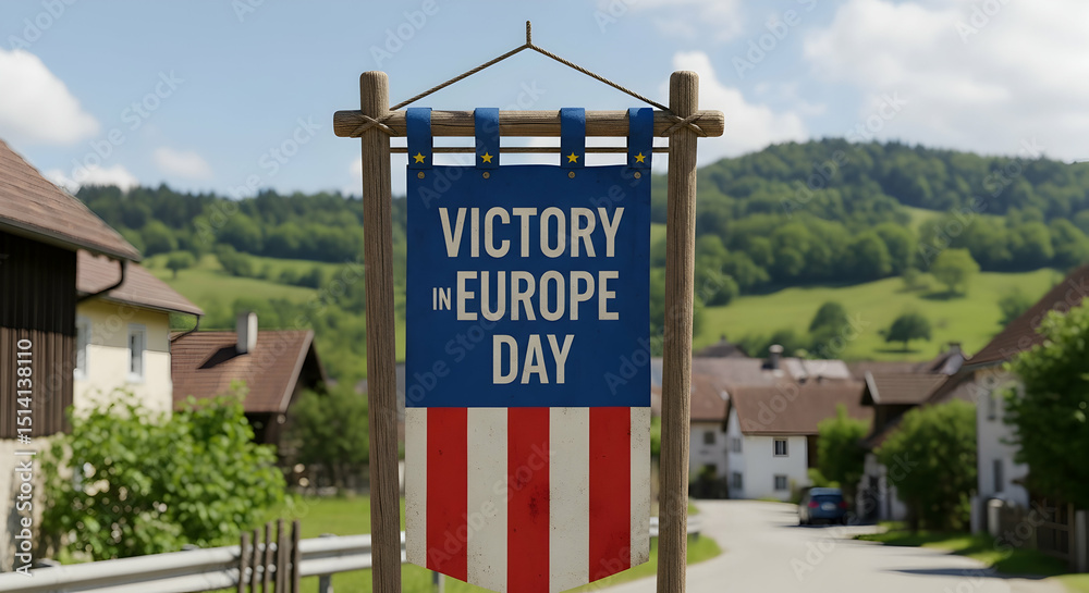 Fototapeta premium Victory in Europe Day Rural Village Banner, Sunny Morning