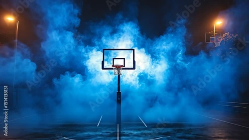 Eerie atmosphere on an urban basketball court bathed in blue haze and soft glow