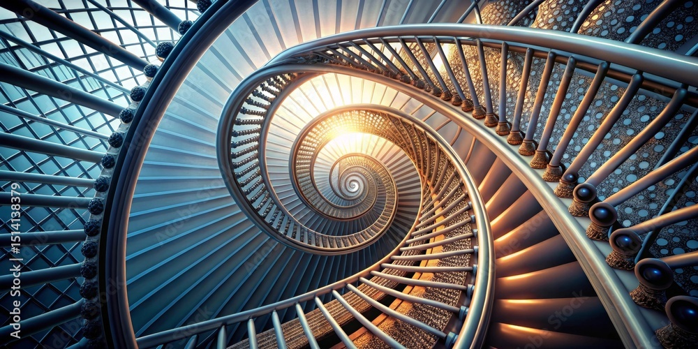 Obraz premium Ascending a Spiraling Metal Staircase Towards a Radiant Light Source