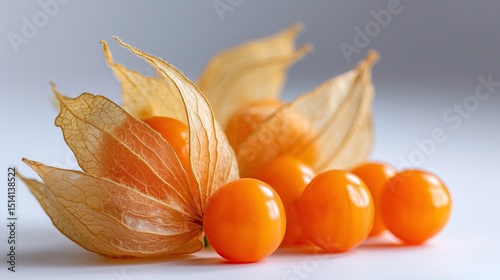 Group of fresh physalis fruits with husks on a soft background  
