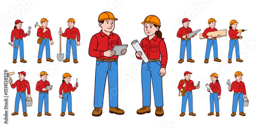 Hand-drawn set of male and female construction workers with helmets and tools. Workers in different poses with various equipment. Clean line art vector illustration isolated on white background
