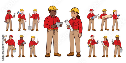 Hand-drawn set of male and female multiethnic construction workers with helmets and tools. Workers in different poses with various equipment. Clean line art vector illustration isolated on white 