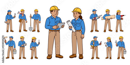 Hand-drawn set of male and female construction workers with helmets and tools. Workers in different poses with various equipment. Clean line art vector illustration isolated on white background