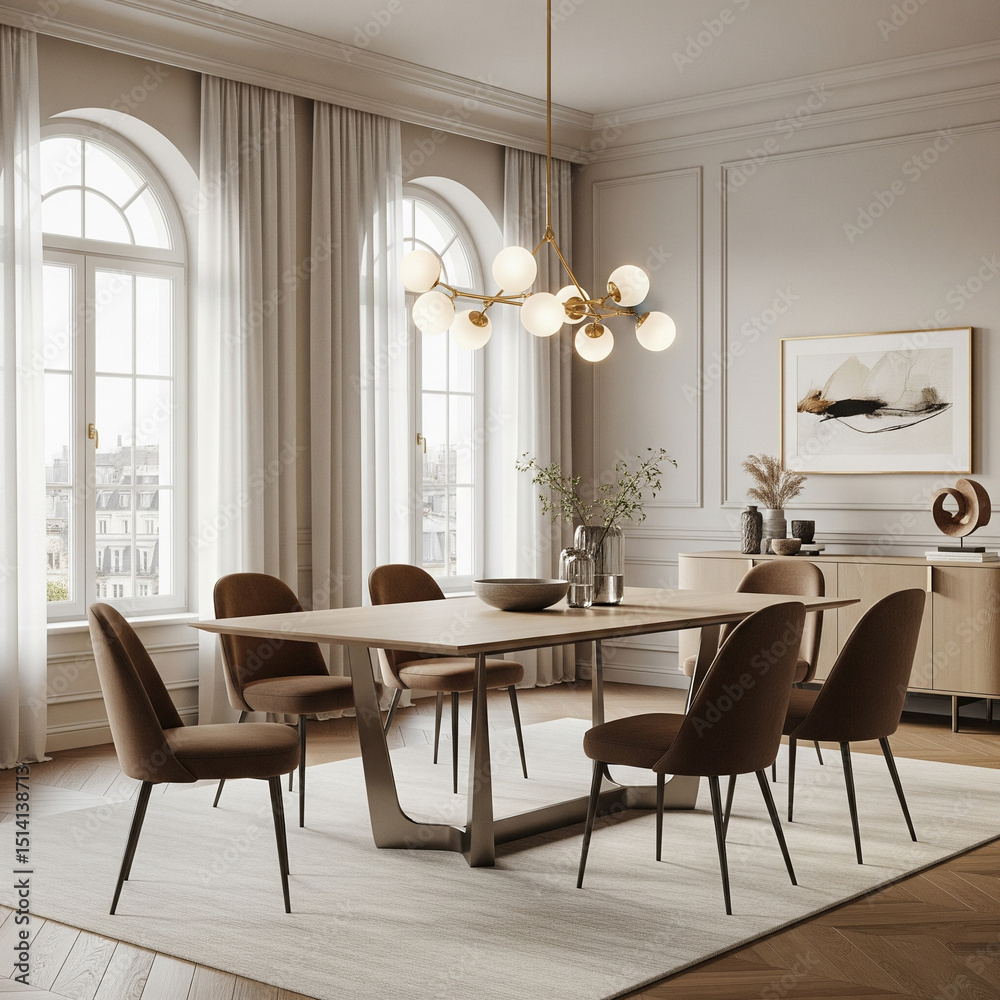 Fototapeta premium Bright dining room with arched windows, sheer curtains, and a modern table surrounded by six brown chairs. An abstract light fixture hangs above.