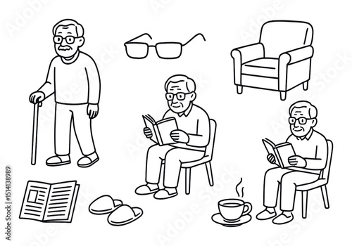 Elder comfort outline icons set – senior care, aging, and lifestyle symbols