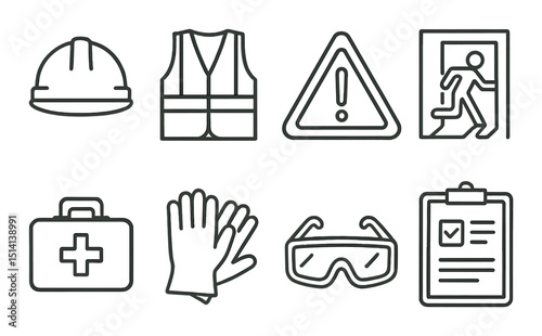 Workplace safety outline icons set – linear, security and protection symbols