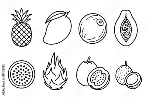 Tropical fruit outline icons set – linear, exotic and fruity symbols for projects