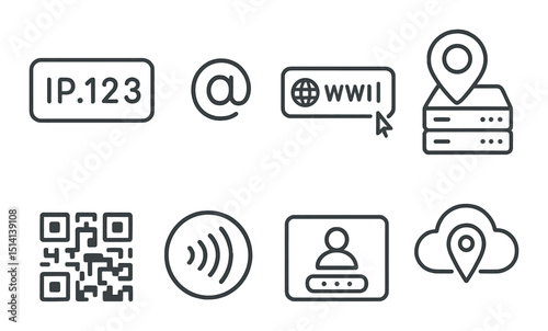 Digital address outline icons set – linear, communication and internet symbol collection