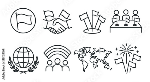 Global unity symbols outline icons set – peace, harmony and connection graphics