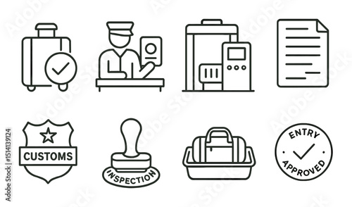 Customs check icon set in linear style. border control and inspection symbols