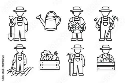 Farm workers outline icons set – agriculture, farming and harvesting symbols