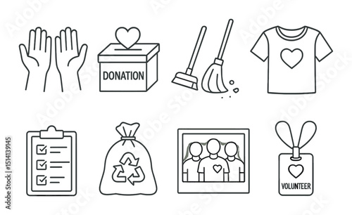 Community and volunteer outline icons set – donation, charity and help symbols