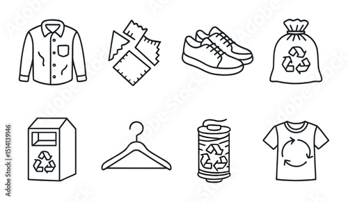 Clothing recycling line icons set – eco-friendly, waste reduction, sustainable symbols