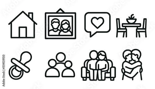 Family and home outline icons set - silhouette, household and relationship symbols