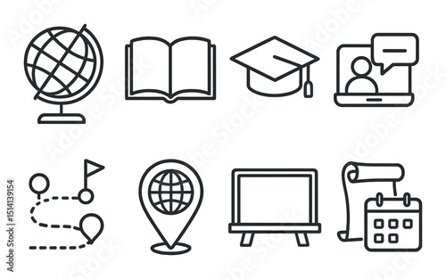 Education and learning outline icons set – silhouette, academic and school symbols