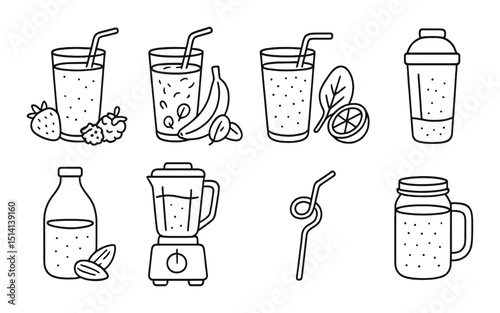 Smoothie and juice outline icons set – drink, beverage and blender symbols