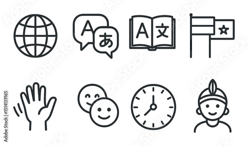 Cross-cultural conversation outline icons set – simple, communication and language symbols