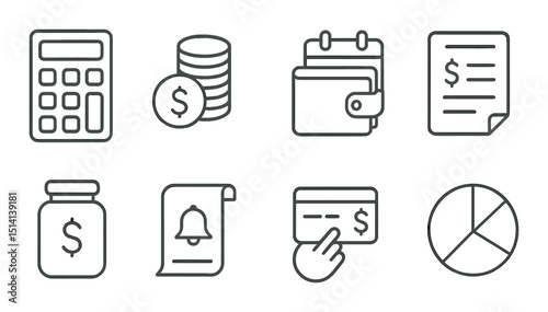 Monthly budget line icons set – finance, accounting, and expense management symbols