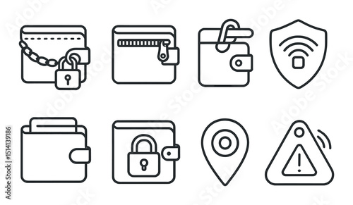 Security and wallet icons set – linear, safety and finance symbols