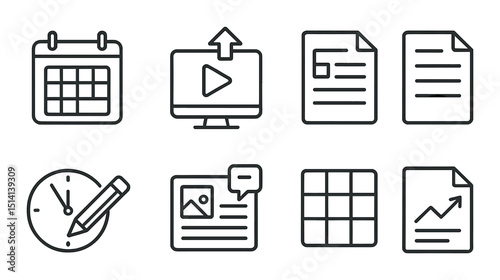 Content planning outline icons set – schedule, management and organization symbols