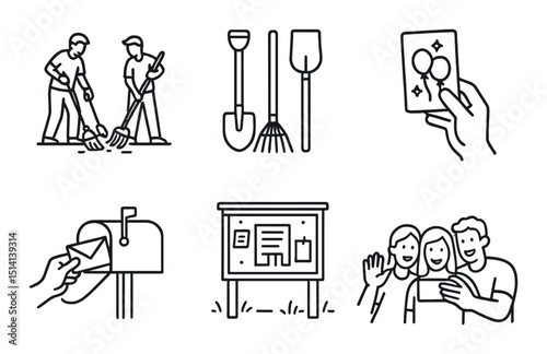 Community action outline icons set – silhouette, volunteer and teamwork symbols