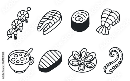 Seafood delight silhouette icons set – ocean, marine and aquatic food symbols