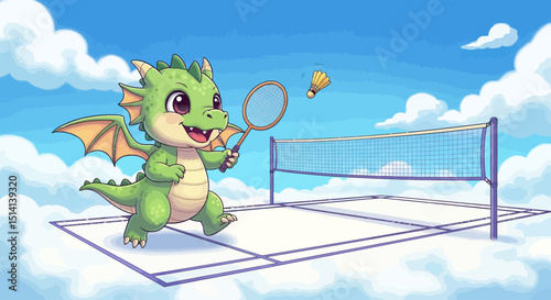 cute dragon playing badminton on cloud court with bright sky
