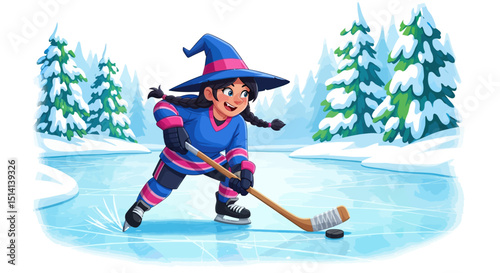 Girl playing ice hockey on frozen lake in winter forest
