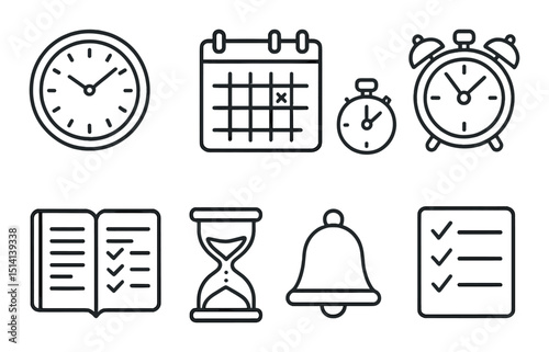 Time management linear icons set – schedule, planning, organization graphics