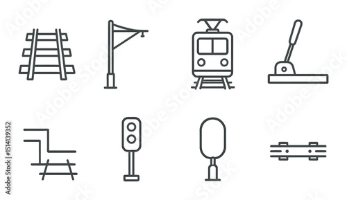 Tram and infrastructure linear icons set – outline, transport and railway symbols