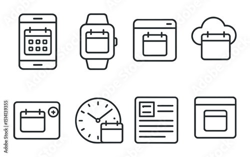 Digital date interfaces icons set – outline, calendar, event scheduling graphics