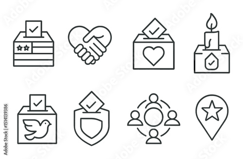 Civic and community outline icons set – symbols, governmental and public service graphics