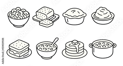Classic comfort foods icons set – outline, traditional home-cooked meal symbols