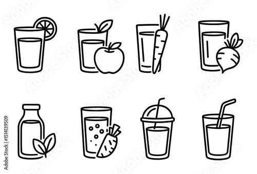 Juices linear icons set – outline, drink, and beverage symbols for healthy lifestyle